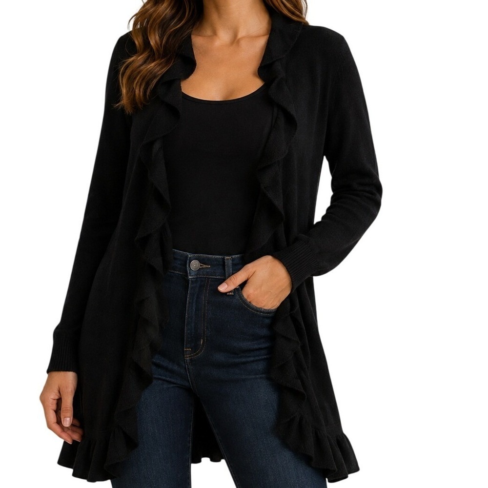 Only Mine Black 100% Merino Wool Ruffle Trim Cardigan Sweater Women's Small